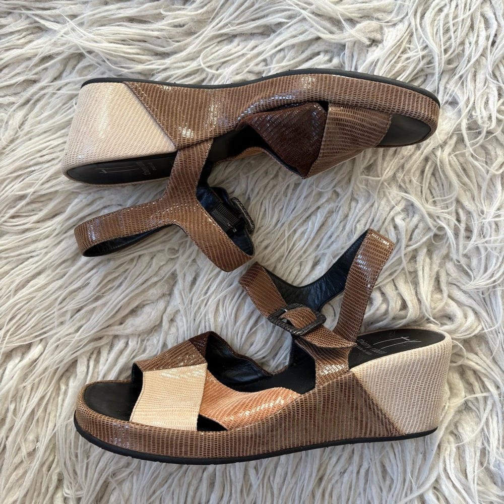 Thierry Rabotin Vintage Patch Work Brown Lizard Leather Wedge Sandals EUC 37.5 - Picture 2 of 8